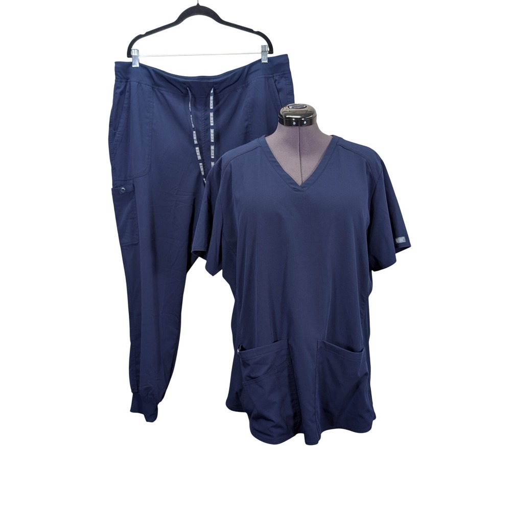 Med Couture Touch Womens 2XL Navy Scrub Set V Neck Stretch Jogger Cargo Pants